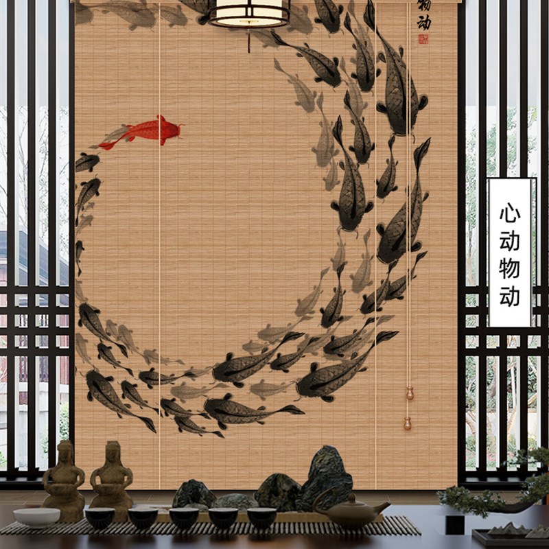 中式竹帘卷帘窗帘茶室印花挂画帘书房背景装饰帘阳台遮光遮阳帘子