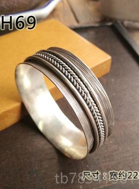 高档泰国清银纯手镯女年轻款复古银饰个性男锤银纹开口镯实心银迈