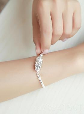 高档银手镯9足9纯银女貔貅生女款铃日韩版银简约铛手镯子银手链日