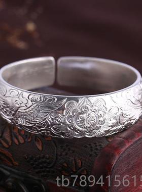 高档宽银手镯老式熟真999定纯银手工做制年轻女士宽版订面款时扁