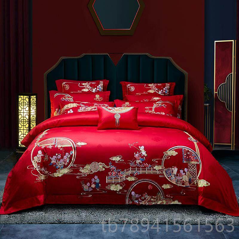 高档全棉品新庆四套大红色长绒棉龙凤刺绣结婚高端家纺床件上用婚,床上用品,婚庆床品套件,淘宝优惠券,粉丝福利购,淘宝优惠卷