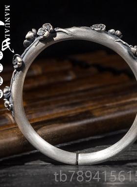 高档银坊云南工制作复古立体高手工艺雕刻手圆柱实心梅花镯.匠寸