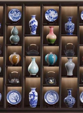 新中式酒店茶室博古架置物架茶柜装饰摆件仿古青花瓷花瓶茶壶茶具