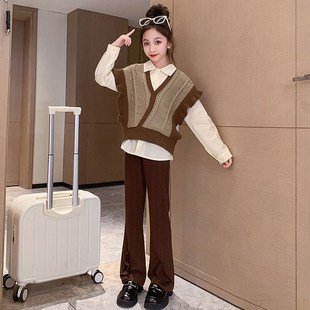 女大童秋装套装2024新款洋气时髦针织毛衣马甲女孩衬衫休闲三件套