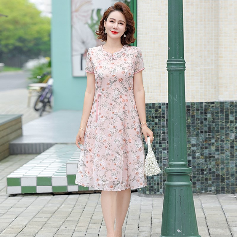 新中式妈妈夏装连衣裙中年女气质改良旗袍长裙中老年女装夏季裙子