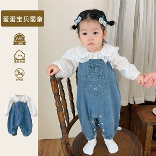 婴儿衣服洋气连体背带裤女宝宝春装牛仔两件套装幼儿春季外出一岁