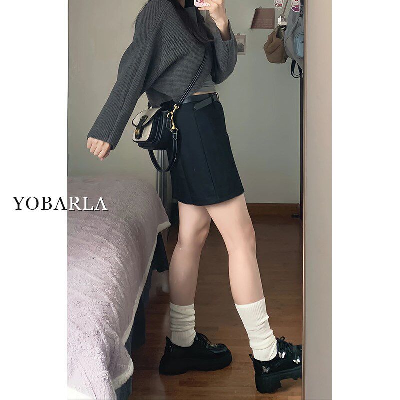 黑色高腰西装短裙女夏季大码胖mm显瘦梨形身材小个子a字半身裙子