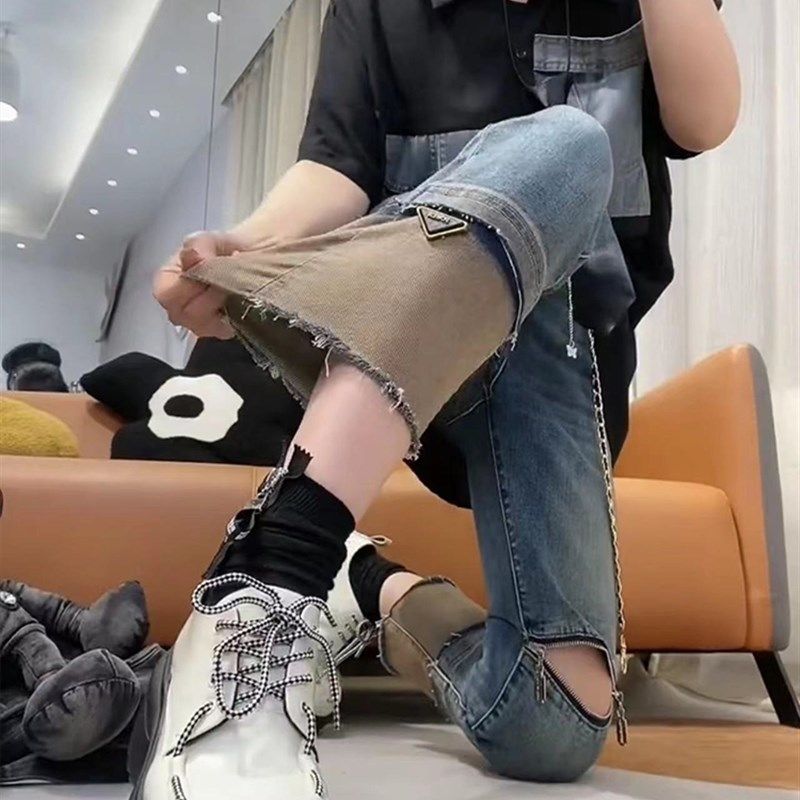 大码裤子女2024新款春季胖妹妹mm高腰直筒破洞牛仔裤女显瘦九分裤