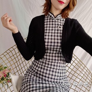 春秋黑色外搭开衫短款搭配旗袍裙子披肩外套长袖针织衫复古上衣女