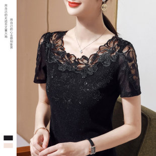 蕾丝绣花镶钻长袖 打底衫 洋气时尚 短袖 中年妈妈上衣 女2023春秋新款