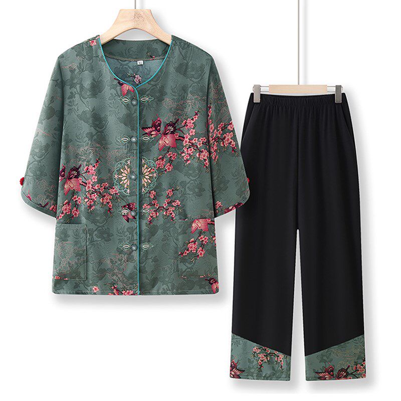 中老年人女装短袖T恤女60-70岁奶奶短袖套装妈妈装两件套老人衣服