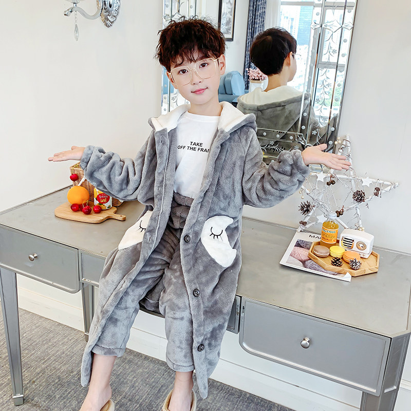 儿童睡袍男孩秋冬季男童宝宝加厚款珊瑚绒中大童法兰绒睡衣家居服