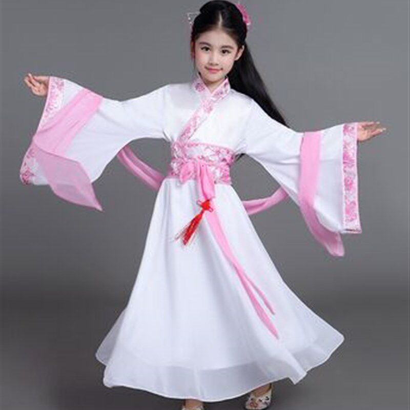 儿童古装仙女演出服雪纺公主裙白色小龙女唐装汉服女童古筝贵妃服