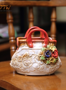 田园手工玫瑰浮雕釉面包包装饰花器文艺花器
