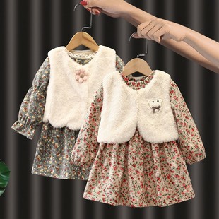 女童秋冬装连衣裙儿童长袖碎花裙子马甲套装婴儿女宝宝灯芯绒衣服