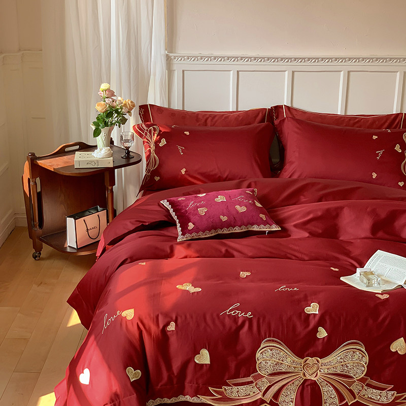 大红喜庆100支长绒棉四件套纯全棉婚庆被套结婚订婚床单床上用品