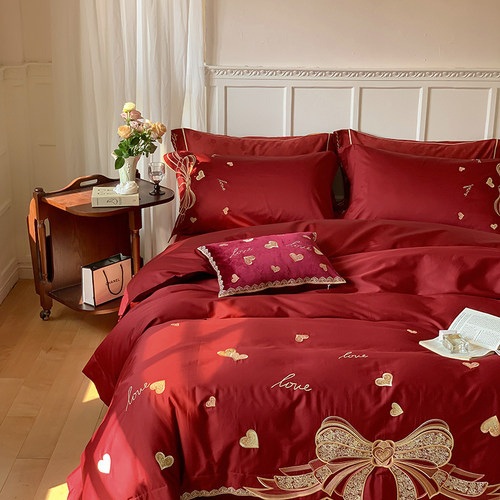 大红喜庆100支长绒棉四件套纯全棉婚庆被套结婚订婚床单床上用品