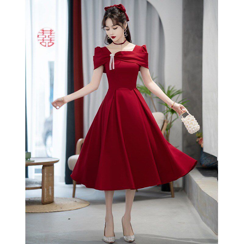 敬酒服订婚裙新娘酒红色小个子结婚法式高端晚礼服平时可穿女回门
