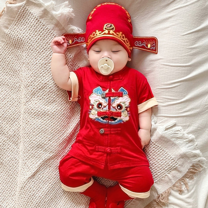 男宝宝唐装夏季短袖小孩百岁宴周岁抓周礼服小童纯棉汉服分体套装