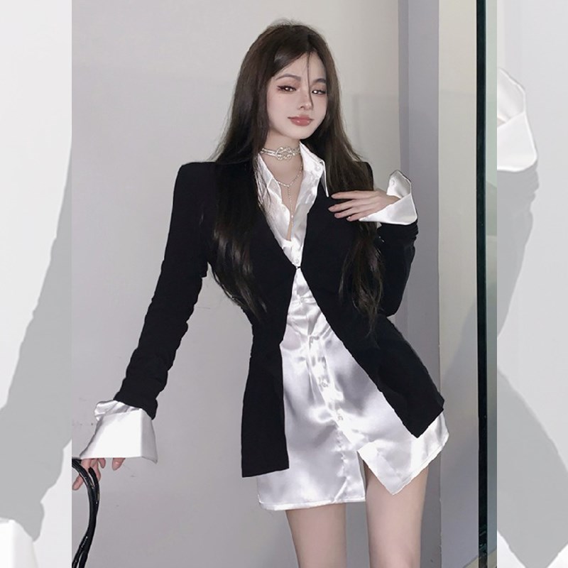 小个子收腰抽褶翻领西装连衣裙女秋季新款气质衬衫裙短裙子套装女