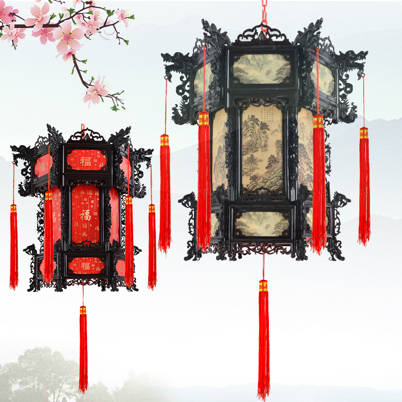 中式仿古塑料六角龙灯宫灯LED旋转灯笼中国风古典新年阳台高档