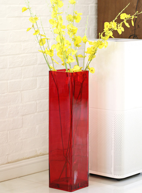 大红色方口玻璃花瓶客厅落地插花摆件简约家居饰品水培富贵竹花瓶