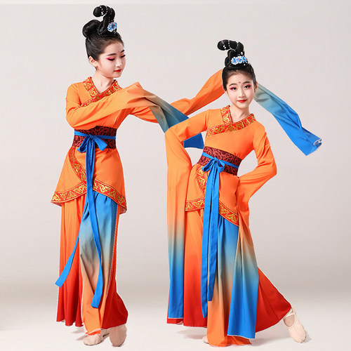 水袖古典舞服少儿童采薇中国风踏鼓甩袖桃杯俑梦汉唐舞蹈演出服装