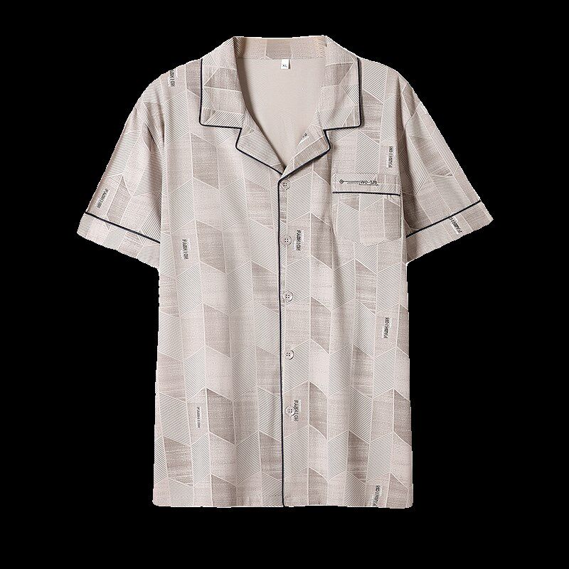 夏季男款纯棉短袖睡衣开衫扣男士男款薄款单件上衣中年人家居服男