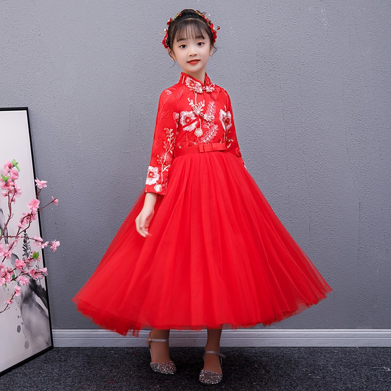 女童旗袍连衣裙裙子长袖小女孩唐装礼服儿童汉服秋冬公主裙中国风