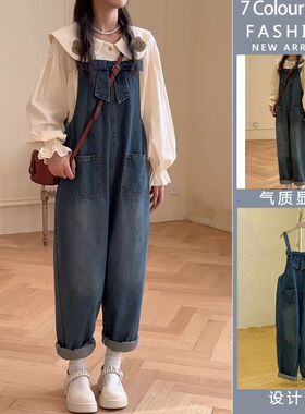 秋季大码女装胖mm显瘦遮肚娃娃领衬衫打底上衣宽松牛仔背带裤套装
