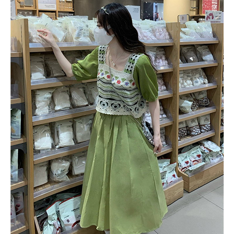 大码女装2023夏季胖mm时尚套装复古钩花镂空方领+高腰显瘦A字裙潮