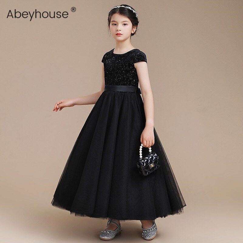 女童黑色公主纱裙儿童小提琴演奏服中大童钢琴演出服乐团指挥长裙