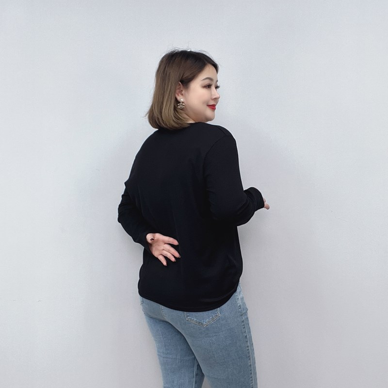 黑色打底衫女上衣春季新款大码女装胖mm宽松显瘦休闲镂空长袖T恤
