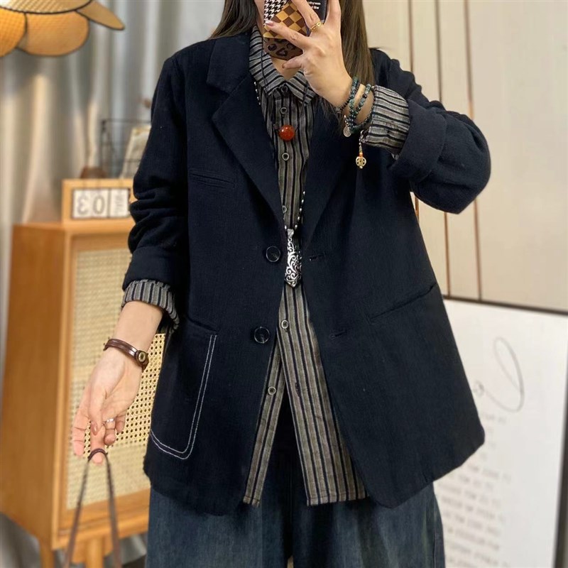 欣欣 春秋季新款长袖西装女文艺休闲气质西服外套编织麻