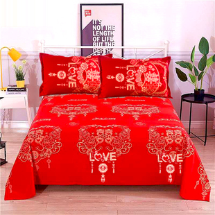 纯棉厚床单件大红喜事床品全棉布料被单子单双人2米加大结婚炕单