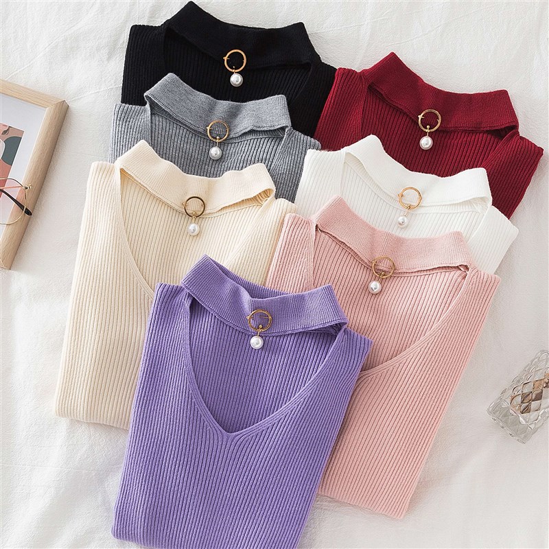 2021秋冬新款挂脖v领毛衣女短款长袖修身套头百搭加厚打底针织衫