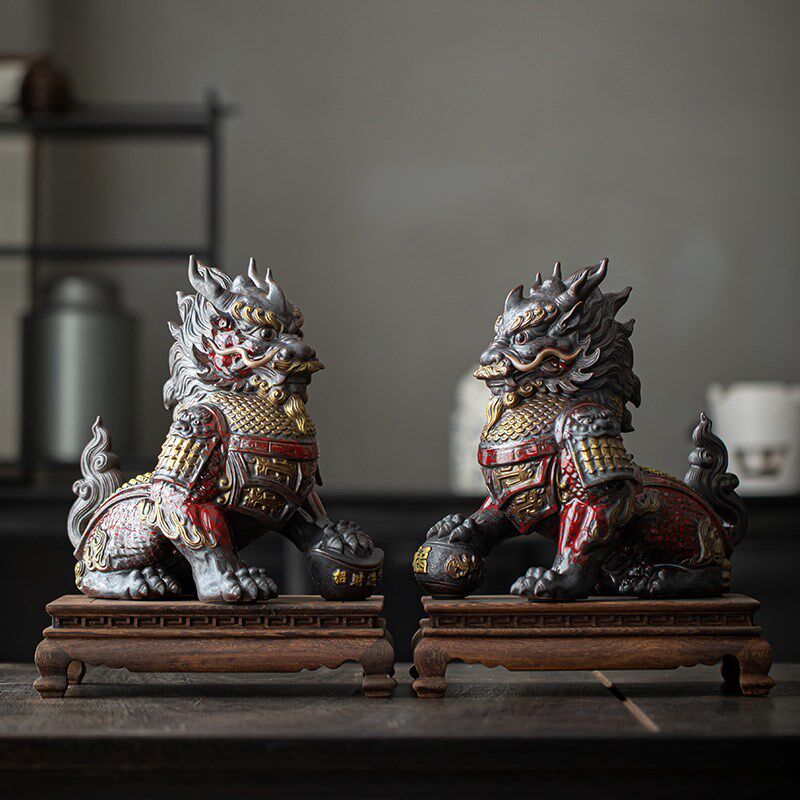 久造中式麒麟摆件公母一对陶瓷客厅家居装饰品办公室招财摆设礼品