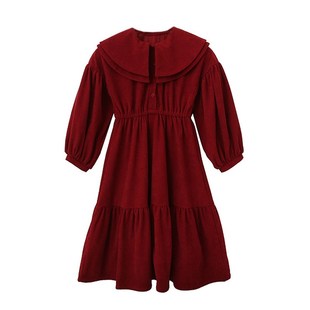 女童连衣裙2024春秋款少女灯笼袖收腰红色长裙娃娃领灯芯绒公主裙