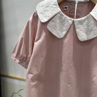 夏季 小清新甜美蕾丝花瓣领时尚 韩版 新款 娃娃领衬衫 女粉色上衣大码