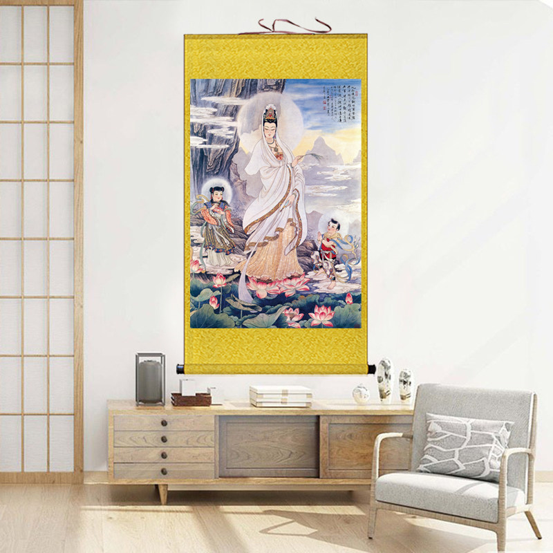 九品莲花观音大士画像挂画紫竹林中观音菩萨佛像客厅装饰卷轴画