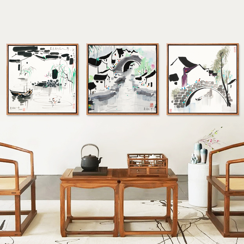吴冠中装饰画江南水乡水墨房子墙画客厅挂画书房三联画国画新中式