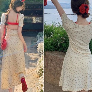 收腰方领假两件连衣裙女夏季 法式 甜辣显瘦包臀裙子设计感碎花短裙