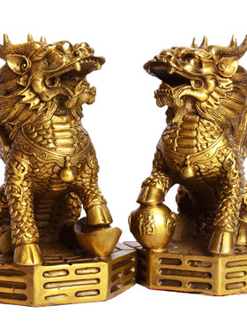 禅意阁 纯铜麒麟摆件一对大小号踩八卦客厅办公室家居摆件送礼