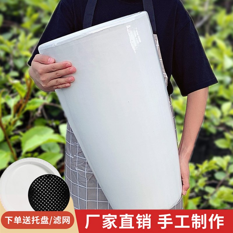 纯白色特大炮筒花盆陶瓷室外简约高腰花盆高身耐用高颜值亮釉花盆
