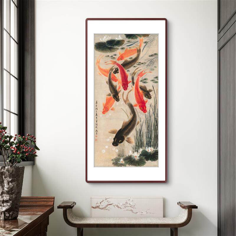 (九鲤图)聚财锦鲤新中式客厅挂画餐厅走廊过道竖版装饰画