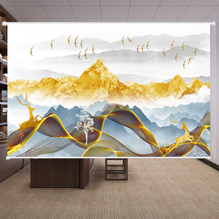 定制办公室会议室茶舍老板房窗帘中式山水画金山图案卷帘遮光防晒