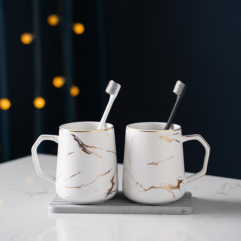 轻奢大理石纹漱口杯家用陶瓷大容量洗漱杯子情侣套装带手柄刷牙杯