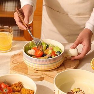 手柄碗可爱陶瓷碗个人专用沙拉水果碗漂亮碗女生高颜值微波炉烤碗