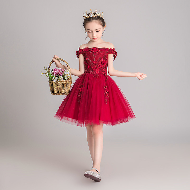 一字肩儿童礼服公主裙女童红色小女孩花童主持人钢琴演出服短款夏
