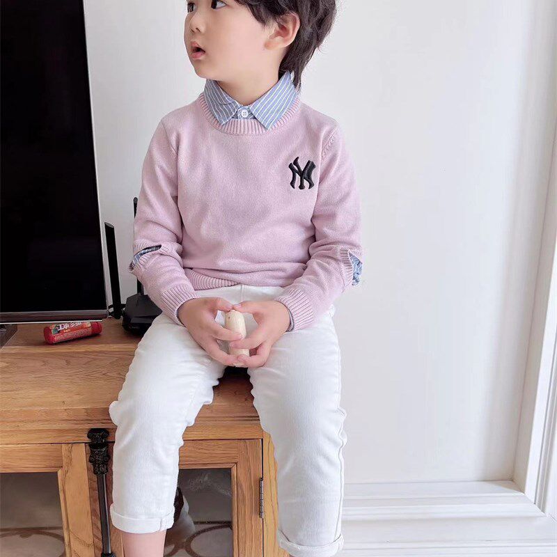 童装2023秋冬假两件儿童针织衫粉色男童毛衣拼条纹男孩套头上衣潮